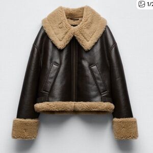 Zara Chocolate Leather Jacket with Beige Fleece